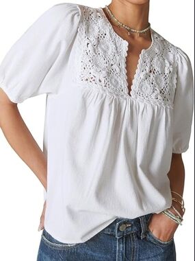 Lucky Brand White Crochet Yoke Puff Sleeve Blouse